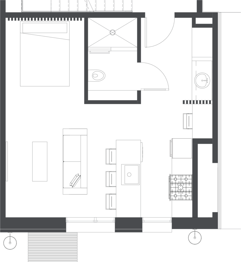 Floorplan of the Front Jawn studio apartment hotel room at Lokal Hotel Fishtown
