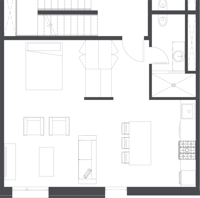 Floorplan of the My Jawn studio apartment hotel room at Lokal Hotel Fishtown