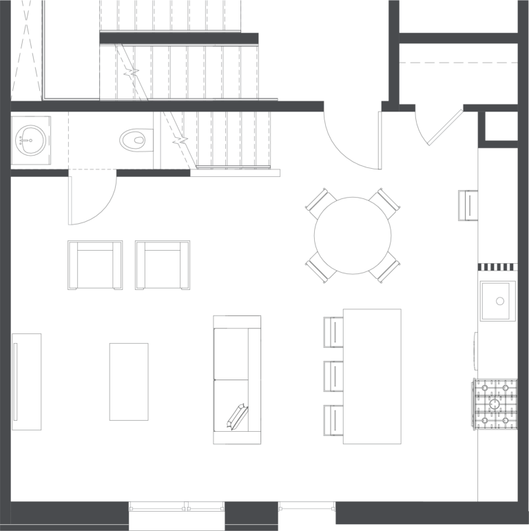 Floorplan of the 1st level of the Big and Baller Jawn 2 bedroom apartment hotel room at Lokal Hotel Fishtown