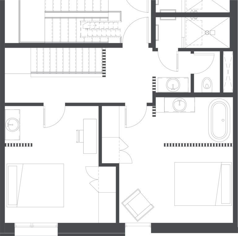 2nd level floorplan of the Big and Baller Jawn two bedroom apartment hotel room at Lokal Hotel Fishtown
