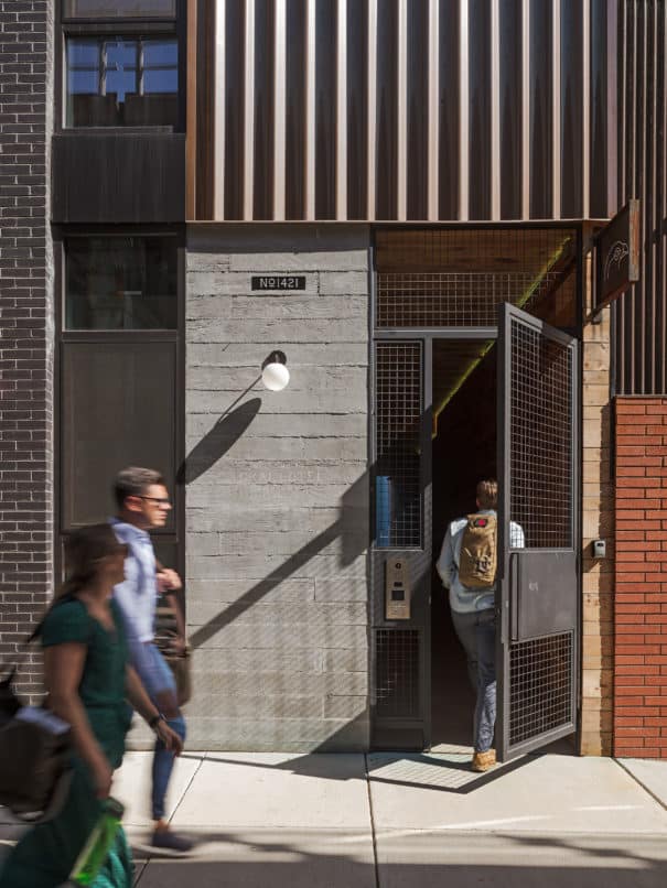 Front gate to Lokal Fishtown with keypad to access the ramp to rooms
