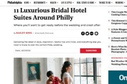 An article by Philly Mag wedding addition showing a bride getting ready at Lokal Hotel Old City with her family